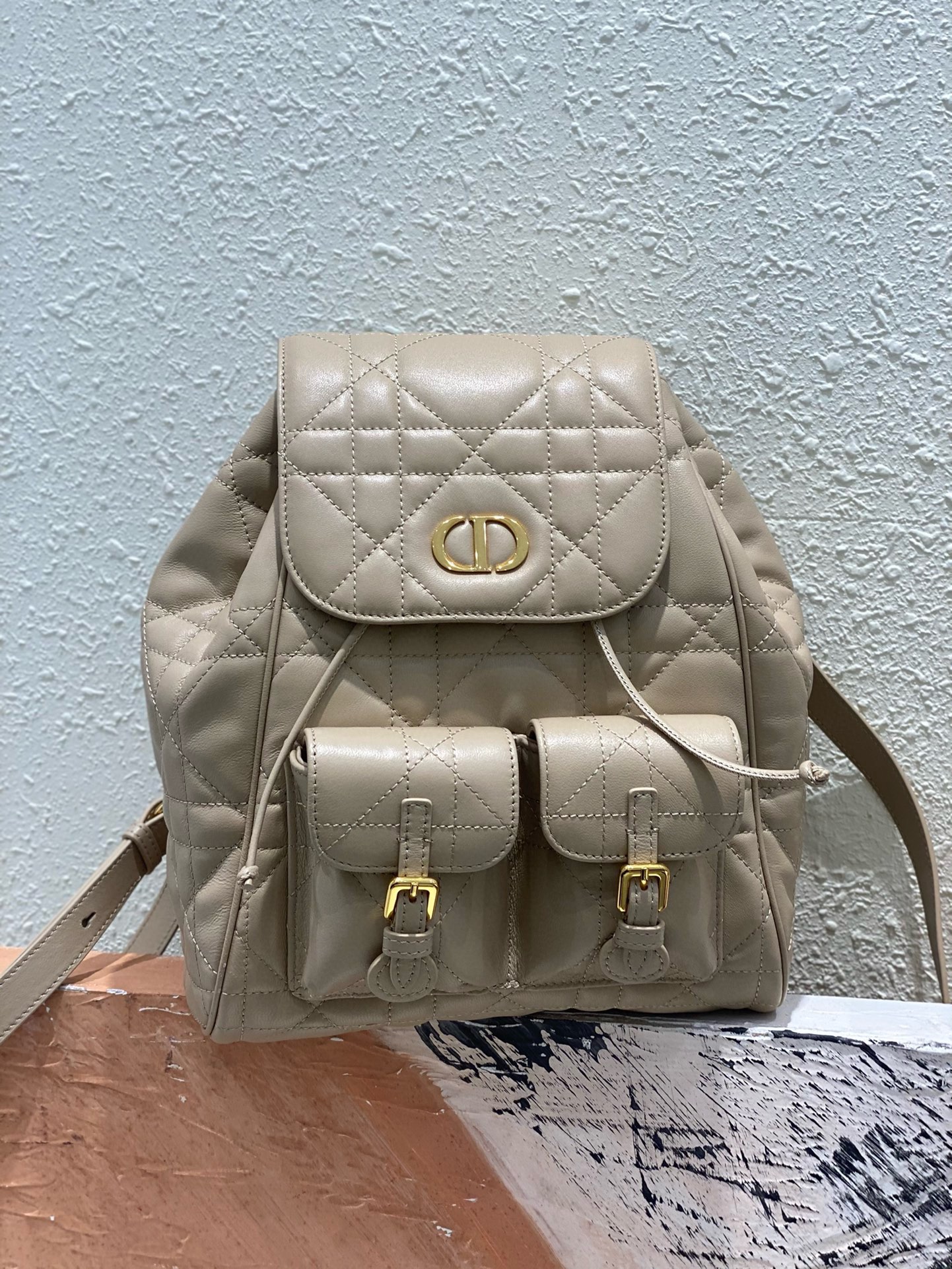 Medium Dior Caro Backpack Powder Beige Macrocannage Lambskin